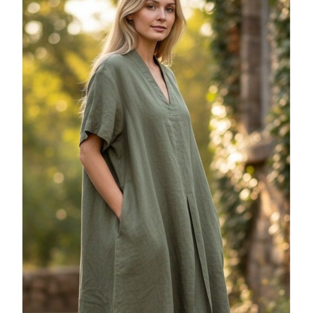 Poetry Shawl Collar Olive Green Linen Dress Short Sleeve V-Neck Shift Medium